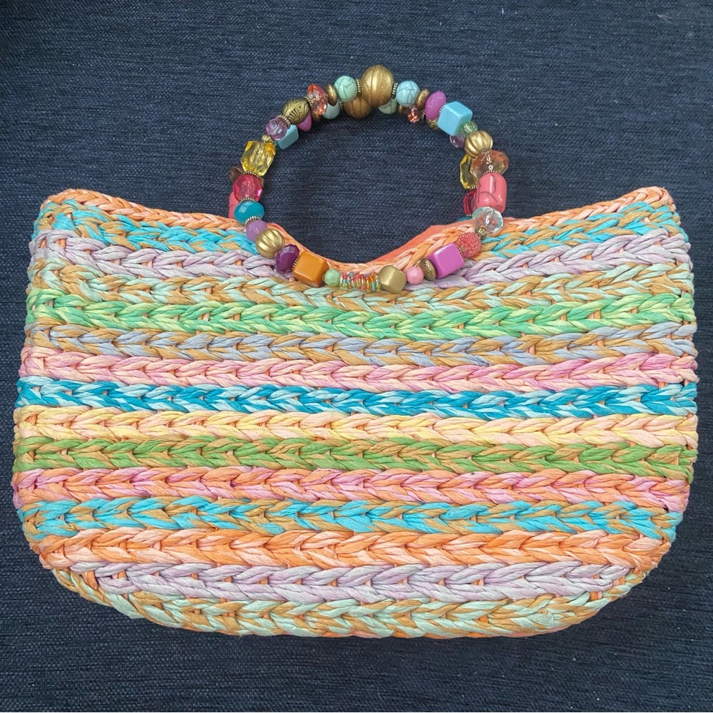Capelli of New York Multicolor Straw Woven Clutch with Beaded Handle - Picture 4 of 12